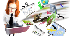 Vrouw met laptop en allerlei info over websites vertalen